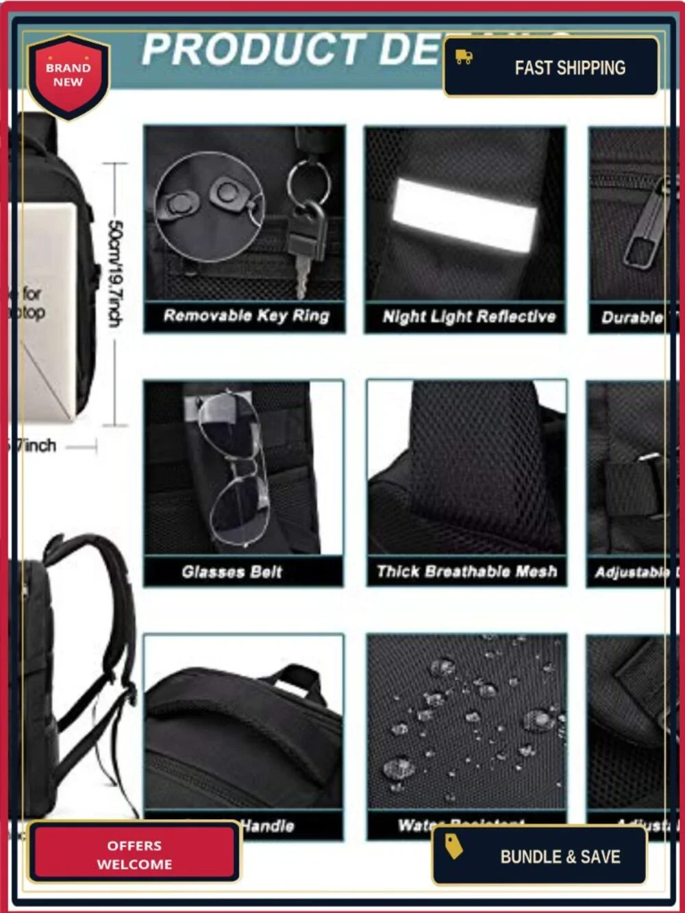 50L Water Resistant Travel Laptop Backpack with USB Charging Port, TSA Friendly